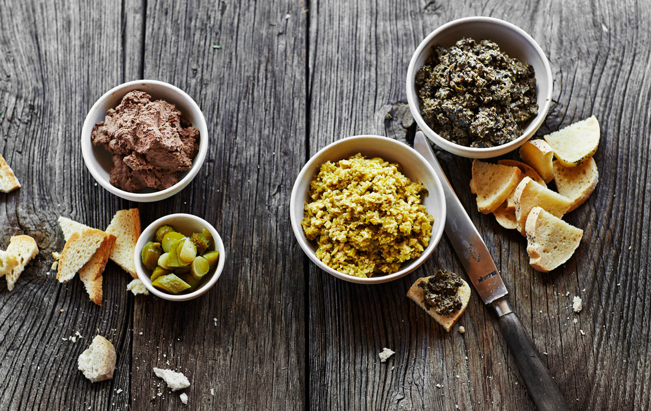 Bread, Pickles And A Variety Of Dips