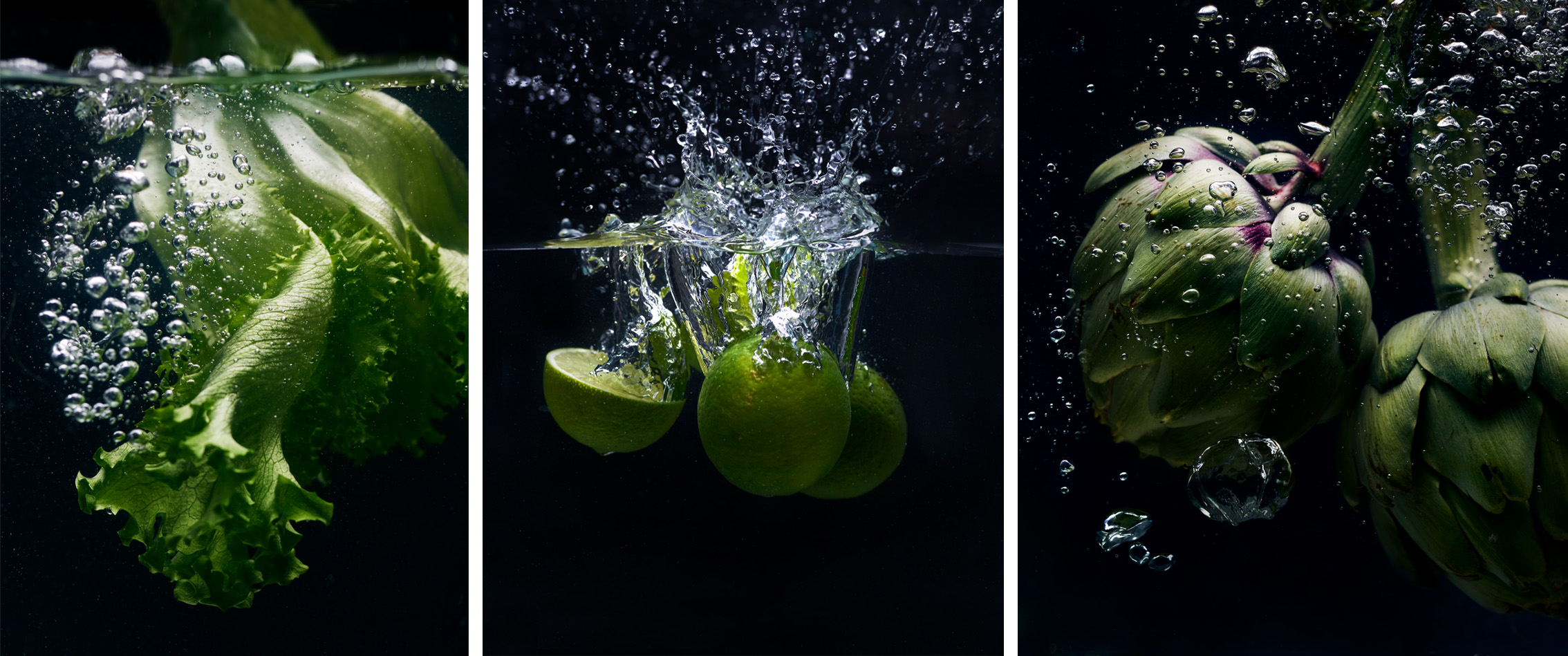 Fruit In Water Photo Shoot Showing Lettuce, Limes And Artichokes